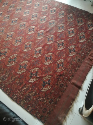 19th century Tekke carpet, 270/220 cm. Dirty, with demages. Very fine weaving.                     