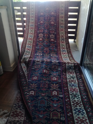 580/95 cm very old Kazak runner all natural dyes. 

A fantastic green border piece.  


Some small holes, somes small demages on the sides. No big repairs but a couple of smaller  ...