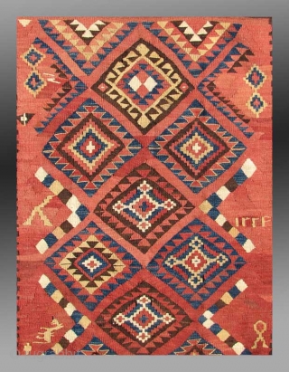Kilim from east Afghanistan, approx 4' x 10', early 20th century
An rare weaving from Afghanistan, a type that is known as "Mokhari" in the Afghan marketplace, named after the marketplace village of ...