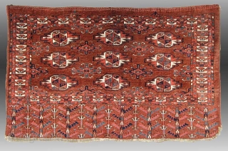 Turkmen Chuval, Yomud Group(?), Central Asia, 19th Century, approx 3'6" x 2'5"

An excellent example of Turkmen weaving from Central Asia.  Woven with an asymmetric knot, open to the right, the attribution  ...