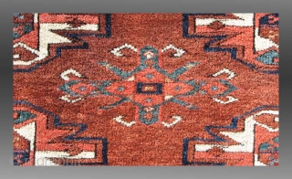 Turkmen Chuval, Yomud Group(?), Central Asia, 19th Century, approx 3'6" x 2'5"

An excellent example of Turkmen weaving from Central Asia.  Woven with an asymmetric knot, open to the right, the attribution  ...