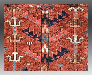 Turkmen Chuval, Yomud Group(?), Central Asia, 19th Century, approx 3'6" x 2'5"

An excellent example of Turkmen weaving from Central Asia.  Woven with an asymmetric knot, open to the right, the attribution  ...