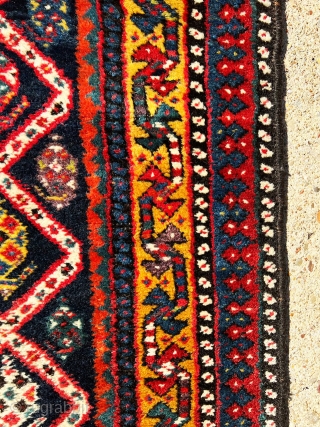 Extremely gorgeous, antique, full pile Qashqai [This looks more like a Bakhtiari] runner with outstanding color combinations. There are many different colors including aubergine. I offer this lovely piece at outstanding price.
 