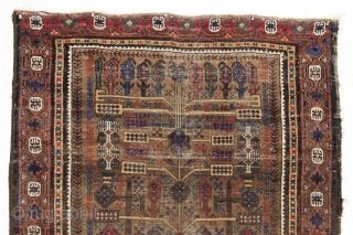 Antique baluch prayer rug. Interesting older example of an unusual design group. Wide range of all natural colors with very nice greens and blues. Areas of wear and with a small patch  ...