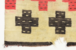 Antique Navajo weaving with intriguing design. So called "pound" rug or blanket. Crude, thick weave. Natural wool colors and characteristic red. Dirty and with end damage as shown. Late 19th c. 4'2" ...