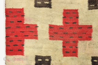 Antique Navajo weaving with intriguing design. So called "pound" rug or blanket. Crude, thick weave. Natural wool colors and characteristic red. Dirty and with end damage as shown. Late 19th c. 4'2" ...