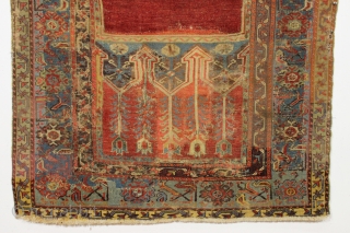 Antique Turkish Ladik prayer rug. Reweaves, faded patches, latex. You name it. A sampler of bad repair. Possibly 50% original. Most of the center is original and is at least early 19th ...