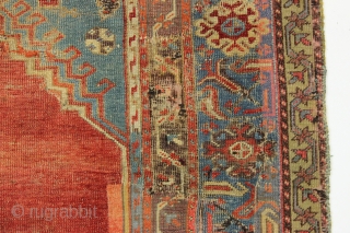 Antique Turkish Ladik prayer rug. Reweaves, faded patches, latex. You name it. A sampler of bad repair. Possibly 50% original. Most of the center is original and is at least early 19th ...