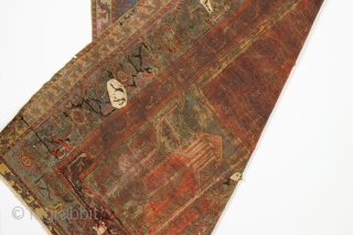 Antique Turkish Ladik prayer rug. Reweaves, faded patches, latex. You name it. A sampler of bad repair. Possibly 50% original. Most of the center is original and is at least early 19th ...