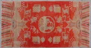 No.R094 * Chinese Antique "Lion" Rug , Age: 19/20th Century. Size: 69x130cm(27"x51").Origin: Baotou-Suiyuan.Shape: Rectangle. Background Color: Reds.
