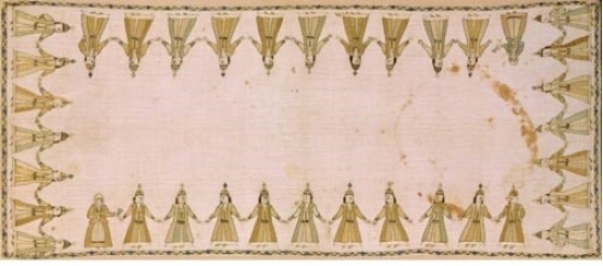 Embroidery representing a women’s dance. Characteristic features of the women’s dress are the kavadi (a kind of dress-coat), the buckle of the belt and the tall head-dress, typical of the Epirot town costume. Among the dancers are two women wearing peasant costumes and holding a flower. From Epiros. Early 19th c. 0.47x1.15 m. (ΓΕ 12952) Image and text copyright Benami Museum