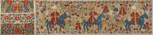Bridal cushion with wedding scene. It depicts the mounted procession of the groom. The riotous floral ornaments, the attractive multi-coloured scenes, and the harmonious execution of the compositions with their distinctly painterly qualities are, from every point of view, characteristic of Epirot embroidery. From Ioannina in Epiros, 18th c. 0.40x1.40 m. Gift of Helen Stathatos. (ΓΕ 21172), Image and text copyright Benaki Museum