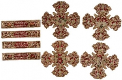 Gold-embroidered appliques from an omophorion of the Metropolitan of Ankara Joachim. The omophorion is the distinctive vestment of the bishop and an insignia of his authority. Α work of the Constantinopolitan workshop of the renowned needlewoman Despoineta. 1695. H. 0,254, W. 0,054 m. (ΓΕ 9356)   image and text copyright Benaki Museum