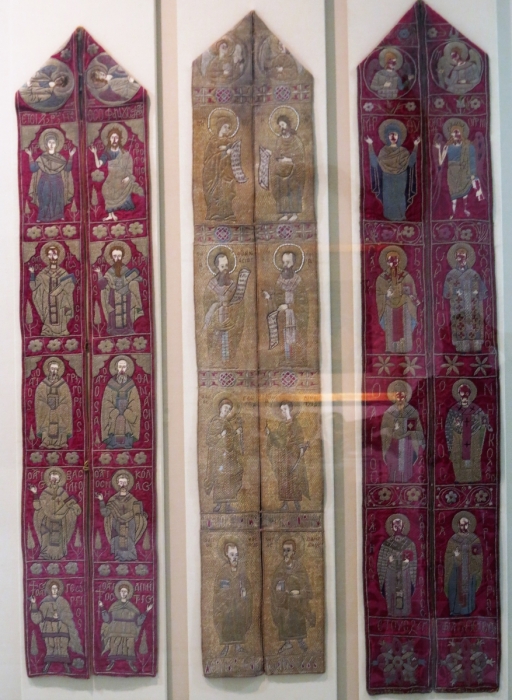 Gold-embroidered epitrachilion (stole) x3, The two red ground pieces are late 16th cen. the white is 17th, Benaki Museum
