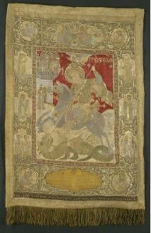 St George the dragon-slayer. 1731. Gem-studded, gold-thread embroidered icon from the church of St George in Argyroupolis, Pontos. (ΓΕ 33712)   image and text copyright Benaki Museum