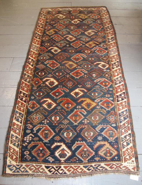 19th century Shahsavan Long Rug 2.74m x 1.25m on my stand at the forthcoming London Antique Rug and Textile Art Fair (LARTA) 21st - 26th January 2025. Go to www.larta.net for details. 