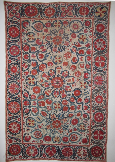 Bokhara Suzani 2.46m x 1.59m (8'1" x 5'2"), circa 1850 or earlier. Beautiful quality, very good condition. Original lining intact.
SOLD -Thanks.            