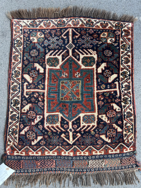 19th century Khamseh Bagface. Great wool and natural dyes. Excellent condition. The dimensions are 71cm x 56cm. More pictures available on request. My email address is anejad@talktalk.net. 
www.aaronnejad.com
     