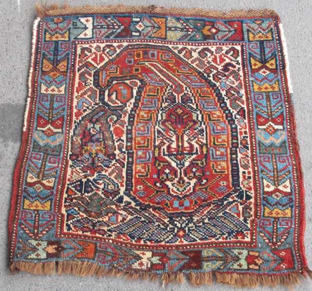 Very cute 19th century Khamseh weaving. 48cm x 46cm Beautiful colours and great wool. Is it a bagface or a wagireh? SOLD.           