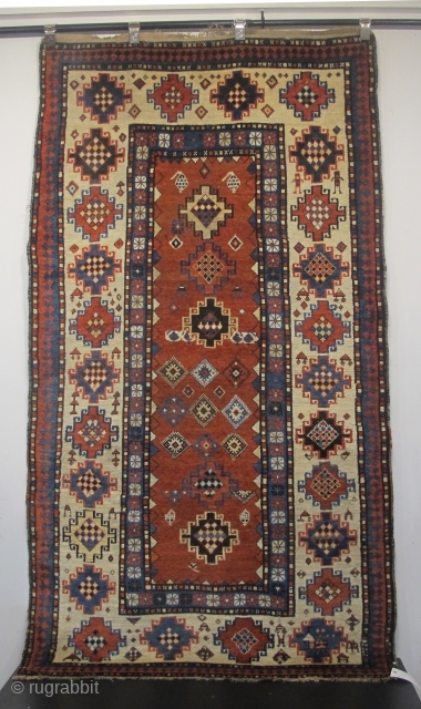 Antique Gendje rug, circa 1870 2.20m x 1.20m (7'2" x 4"). Strong graphics and great colours.                 