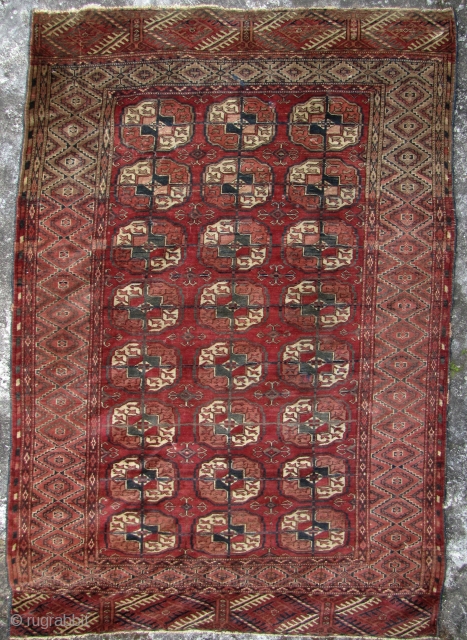 Good Turkmen Tekke “Bukhara” carpet. This piece has a few tiny holes that can’t be seen when lying on the floor and minor repairs. The kilim head ends are missing but overall  ...