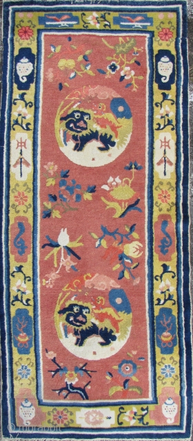 Special Offer: Ningxia Carpet: Good circa late 19th/early 20th ce, Ningxia Tibetan Buddhist temple runner with two playful female “foo dogs” and pup medallions, representing the nurturing aspect of the Yin principle,  ...