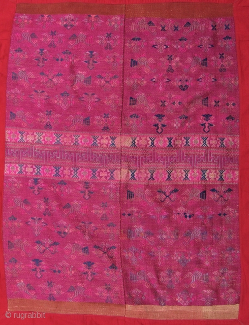 
Special Offer: Very fine supplementary silk weft embroidered two paneled wedding blanket, from the Maonan ethnic group (Guangxi/Guizhou province) circa later first half 20th century. This foundation is woven from all and  ...