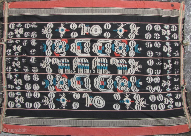 Naga Body Cloth: Old and rare Angami Naga shamilami design, three paneled wrap woven by the Meitei of the Manipur State of India and used as a trade/tribute cloth to the Nagas.  ...