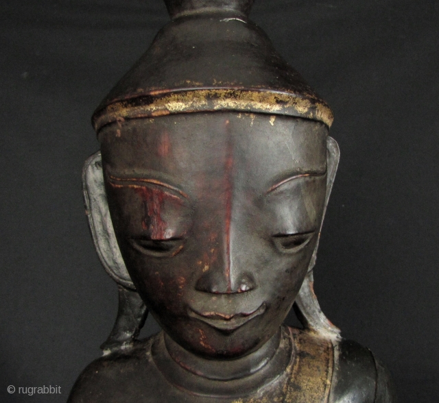 Late 19th century, large, Shan/Tai Yai Buddha. There is a crack on the shoulder and arm, a couple of chips on the base and minor loss to lacquer- but over all this  ...