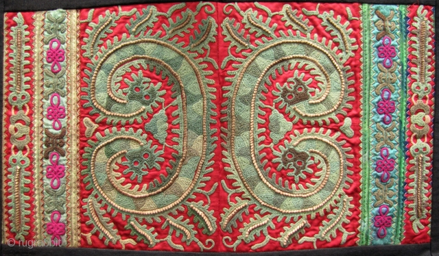 Miao Taigong Embroidered Panels: Stunning pair of green dragon motif sleeve panels from the Taigong Miao community Guizhou, China. These were acquired in Beijing about 15 years ago and are mounted on  ...