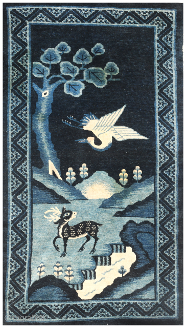 Antique Batou Mongolian Rug: Free Shipping 
Old blue and white carpet woven in Inner Mongolia, Nei Mongol 内蒙古自治区, China, with classic deer and crane “Spring Pattern”, first half of 20th century. Unusually  ...