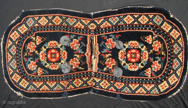 Baotou Saddle Rug: Free Shipping: Nice old Batou saddle carpet, with floral medallions and scroll pattern. There are some repairs and restorations which I have highlighted in enlargements. Early 20th century, the  ...