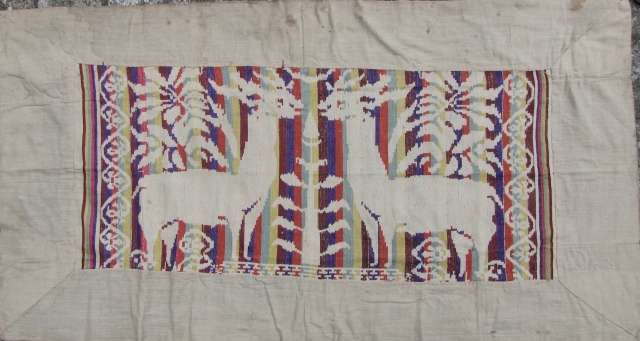 Lao Wall Hanging: Good old textile from Laos with a “void” silhouette deer pattern . The colored threads are silk, while the field and border are all handspun cotton, the border may  ...