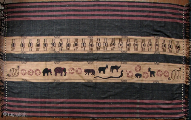 Naga Pictorial Blanket: Elephants, tigers and snakes- oh my! Very decorative, hand woven cotton blanket from the Naga people in Burma. I bought this piece around 1997 up in Mae Sai along  ...