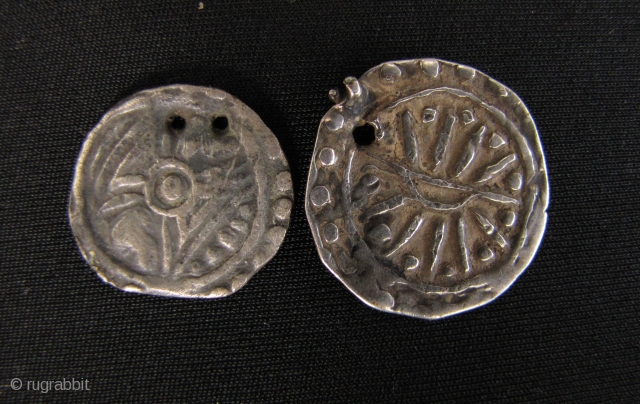 Thai Hilltribe Jewelry: Beautiful circa 600CE to 700CE Pyu coins. The larger coin has a srivatsa (temple), on one side and celestial symbol and rising sun, on the other- 1/2 unit sterling  ...