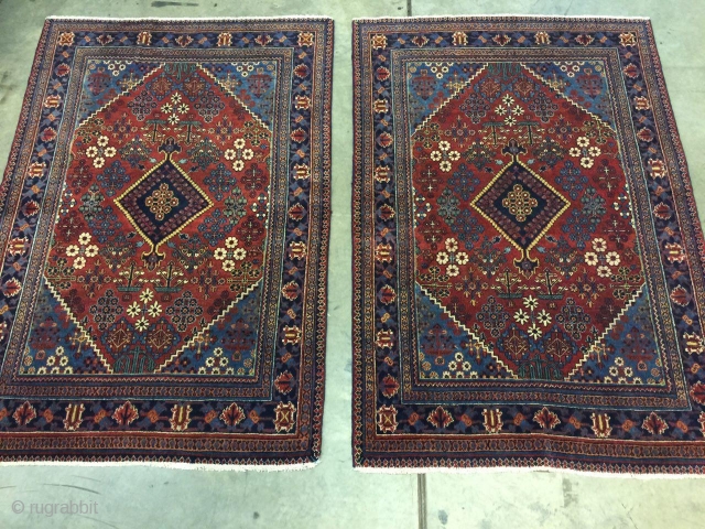 Pair of beautiful Mayme original design rugs measuring 4'3" by 6'4". Rugs are in great shape ready to be used. 
Handmade Persian rugs from 1940s. 

       