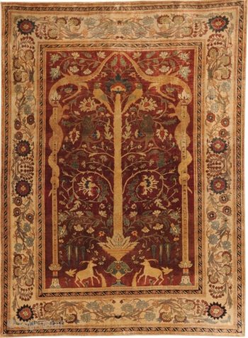 Very fine silk-carpet, West-Persia, second half 19th century, circa 184 x 133 cm. This carpet shows a bright Myth with detail-pictures of birds, dragons and antelopes on the myth Wak-Wak-tree. Beautiful!
Price: on  ...