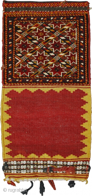 Pile khorjin, Qashqa’i Confederacy, Southern Persia, Circa 1900, 65 x 32 cm (25.5 x 12.5 in.) 

Knot count:	16 H x 14 V = 224 kpsi.
Colours:	rust red, coral pink, maroon, orangy yellow, ivory  ...