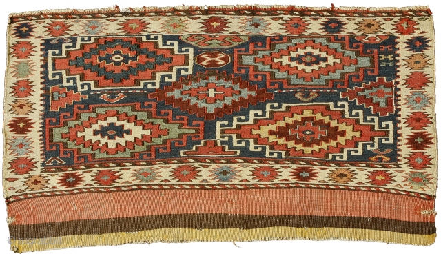 Sumak mafrash front panel, Shahsavan Confederacy , Boz Qush mountains, Hashtrud-Miyaneh region , Northwest Persia, Circa 1870, 54 x 98 cm (21.5 x 38.5 in.) 

Knot count:	23 wrapping wefts/inch.
Colours:	coral pink, maroon, apricot,  ...