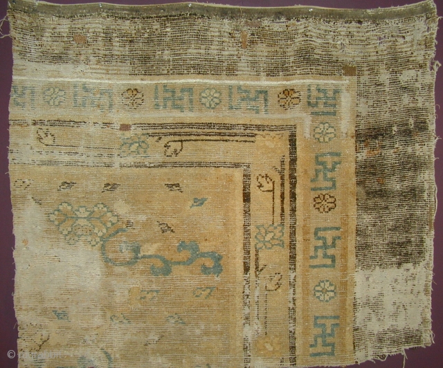 Fragment of a Ningxia carpet with scrolling peonies, some cotton pile highlights,
perhaps late Ming but more likely Kangxi period (1662-1722),
131 x 142 cm (51.5 x 56 inches) http://www.albertolevi.com/products_index.asp?TL=ENG&IDCat=50     