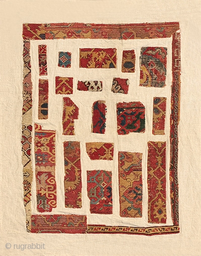 A collection of Anatolian rug fragments, 16th-17th century, 110 x 88 cm (43.5 x 35 inches). Featured in our latest web exhibition entitled AS FOUND - a collection of unrestored early rugs  ...
