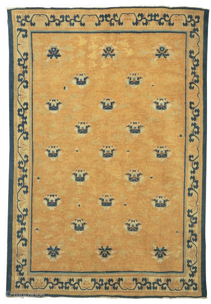 Carpet with lotus flowers
NingxiaAlg 
Northwest China
Qing Dynasty, Kangxi period (1662-1722)
257 x 180 cm (8’5” x 5’11”) 
Alg 770
asymmetrically knotted wool pile open to the left on a cotton foundation
A rare and beautiful  ...