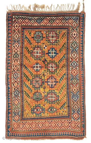 Yellow ground Kazak rug
Southwest Caucasus
circa 1880
193 x 122 cm (6’4” x 4’) 
Alg 1052
symmetrically knotted wool pile on a wool foundation
Although many Caucasian rugs possess distinguishing features which make it belong to  ...