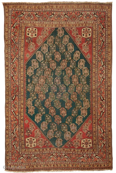Green ground Qashqa’i rug
Qashquli tribe
Southern Persia
circa 1880
222 x 138 cm (7’3” x 4’6”) 
L 123
asymmetrically knotted wool pile open to the left on a wool foundation

The carpets of the Qashqa’i confederacy often  ...