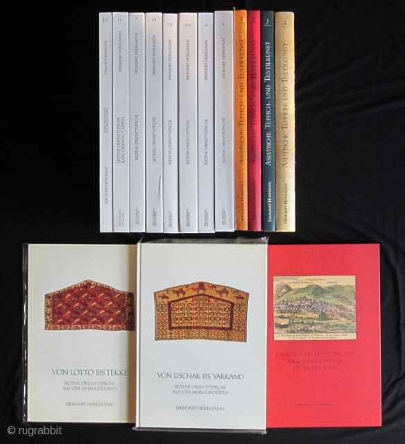 Complete set of Eberhart Herrmann exhibition catalogs in perfect condition.

The set includes the following books: 

- Seltene Orientteppiche, Band I (1978)
- Seltene Orientteppiche, Band II (1979)
- Seltene Orientteppiche, Band III (1980)
- Seltene  ...