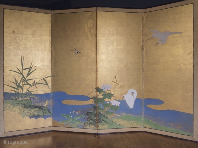 Late Edo/early Meiji period four leaf byobu screen featuring a particularly striking design of water birds and foliage along a stream. 168cm x 254cm (66inches x 100 inches). Unknown Kano school painter, circa  ...