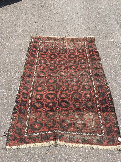 Baluch main rug with unusual field design. Deep corrosion, wear. 6,46 x 4,36 ft (197 x 133 cm). As found, not cleaned. Rugrabbit link not working? Email me directly at alexanderbakker@flairforflavor.com.  