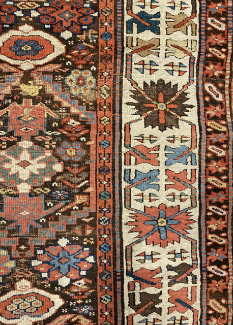 Early Kurdish kelleh, Sauj Bulagh? Size 352 x 90 cm. Excellent saturated colors, nice old purple. Interesting rendition of the border. Top worn. Contact me at alexanderbakker@flairforflavor.com.      