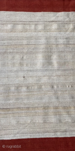 Manzandaran kilim, most likely intended as a sofreh. Typical graphic outlay. Madder on natural white wool with very attractive and subtle variations in color hue. Good squarish shape, 113 x 83 inch  ...