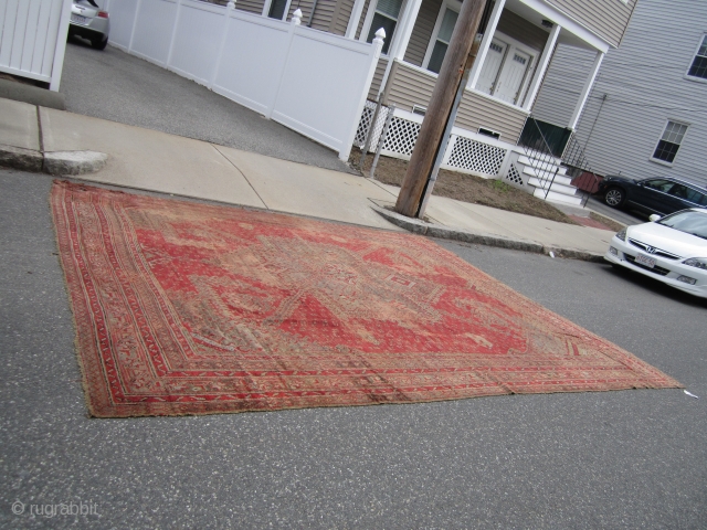 solid beautiful antique turkish ushauk rug 11' 7" x 14' damaged corner worn with few holes no dry rot no pets  beautiful colors easy restoration for huge profit can send more  ...